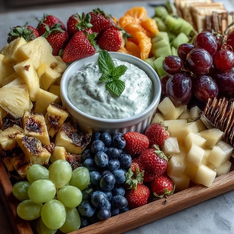 Spring Fruit Table Platter with Dipping Yogurt Sauce, featuring vibrant berries, kiwi, and citrus, arranged artfully for a colorful spring brunch centerpiece.
