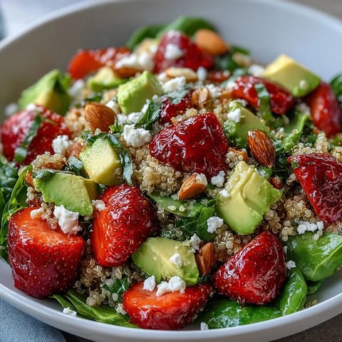 Fresh strawberry avocado quinoa salad with creamy avocado and juicy berries in a citrus dressing.  