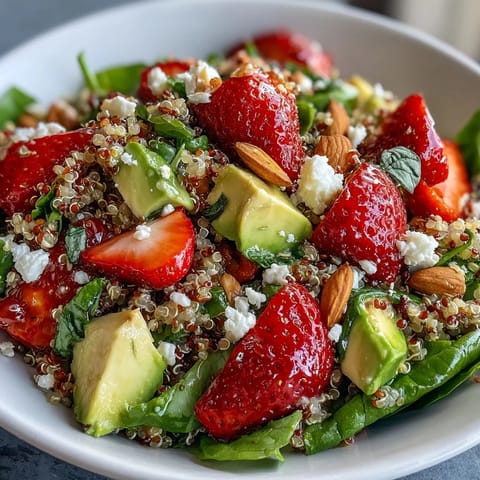 Colorful quinoa salad bowl featuring ripe strawberries, diced avocado, and toasted almonds for crunch.  