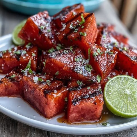 Watermelon slices dusted with Tajin and lime juice for a sweet and spicy summer snack.  