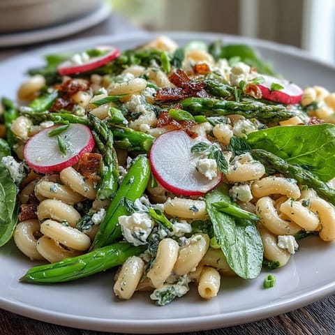 Spring pasta salad with lemon vinaigrette and radishes, a vibrant dish with crisp vegetables and tangy dressing. A refreshing, colorful pasta salad with fresh radishes, spring vegetables, and bright lemon vinaigrette. Light and zesty spring pasta salad featuring tender pasta, crunchy radishes, and a citrusy lemon dressing.