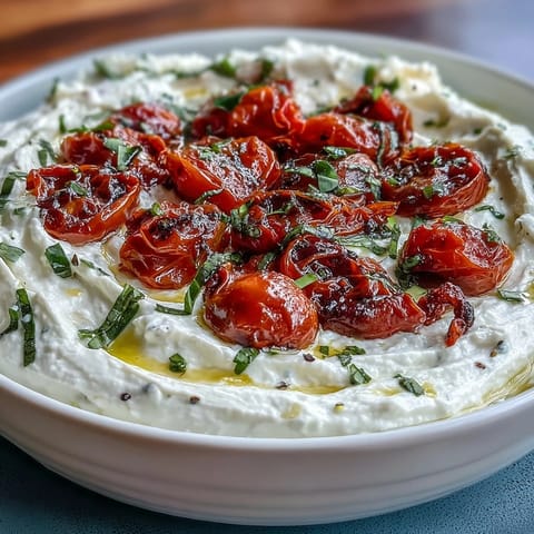 Whipped feta dip with roasted cherry tomatoes, creamy and tangy, topped with sweet blistered tomatoes and fresh basil.  