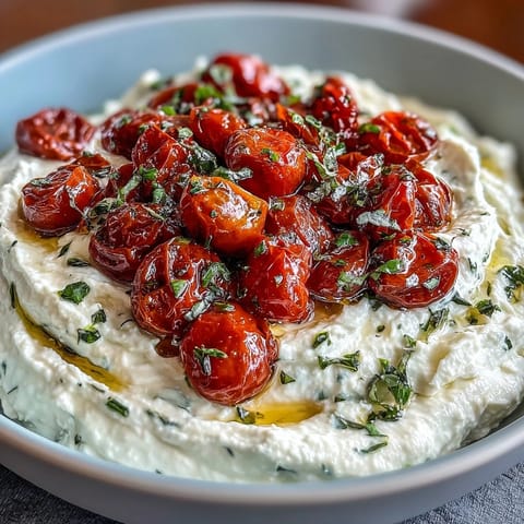 Velvety whipped feta blended with cream cheese, crowned with oven-roasted cherry tomatoes and a drizzle of olive oil.  