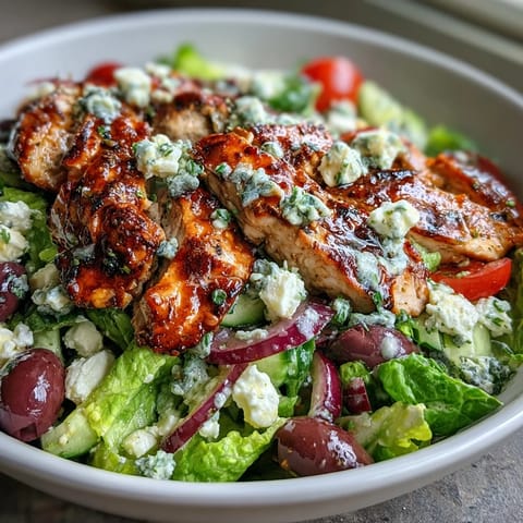 Greek Salad Bowl with Grilled Chicken, featuring tender, juicy chicken over crisp Romaine and fresh vegetables, drizzled with tangy lemon-oregano dressing.  