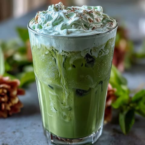 A creamy iced matcha latte with a luscious vanilla cold foam, perfect for Mother's Day celebrations.