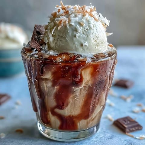 1. Creamy coconut cold brew coffee topped with a scoop of rich vanilla bean ice cream in a tall glass.  
