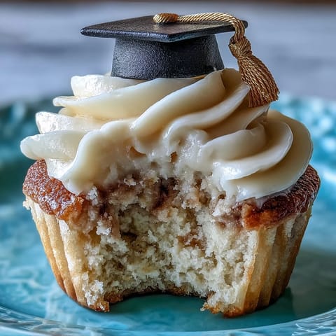 Celebrate graduation with these festive vanilla cupcakes topped with decadent buttercream and handmade black and gold fondant graduation caps.
