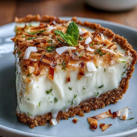 Coconut Lime Tart with Graham Cracker Crust on a white plate, topped with whipped cream and toasted coconut flakes.