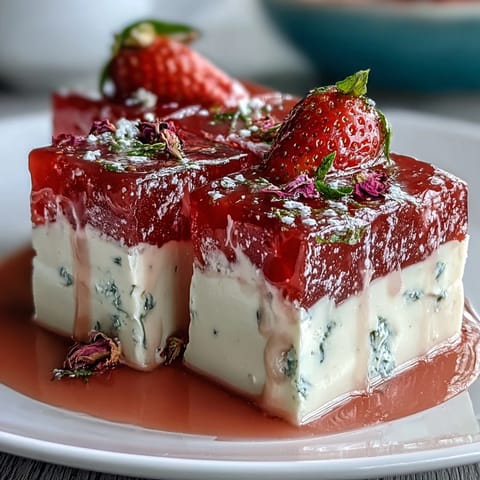 A slice of strawberry rose gelatin mosaic cake with creamy base and vibrant red and pink gelatin cubes.
