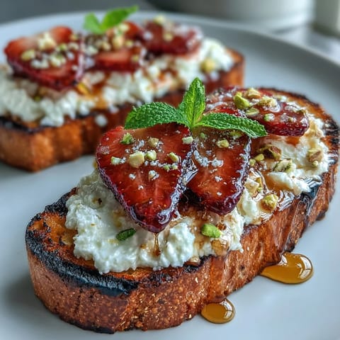 Golden sourdough toast topped with creamy ricotta, fresh strawberries, honey drizzle, and chopped pistachios.