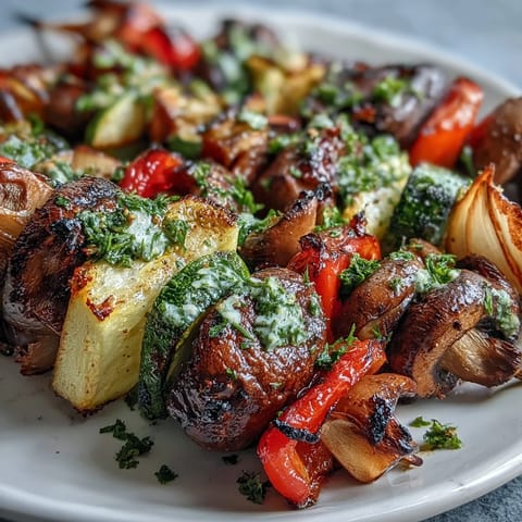 Smoky grilled veggie kabobs with fresh, herb-packed chimichurri sauce ready to serve.