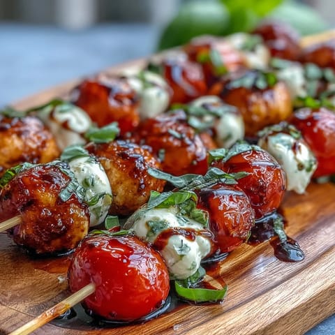 Caprese Skewers Appetizer: colorful cherry tomatoes, mozzarella, basil, drizzled elegantly.