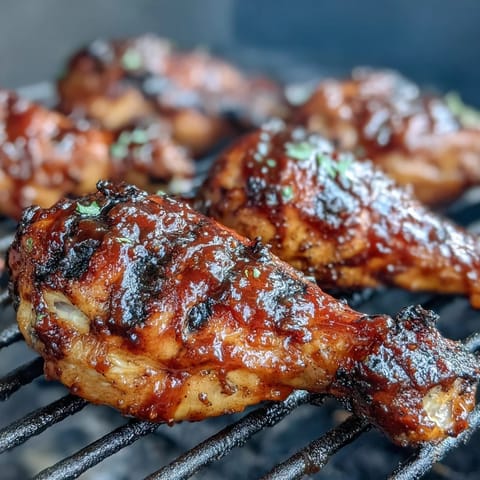 Juicy BBQ chicken drumsticks with spicy peach glaze, grilled to sticky perfection.