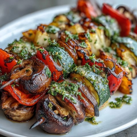 Vibrant grilled veggie kabobs glistening with zesty chimichurri sauce.
