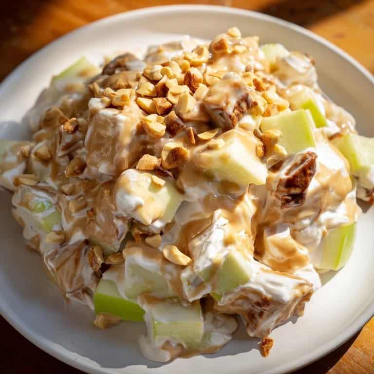 A vibrant close-up shows the delightful blend of textures in this Snickers Salad, ready to serve!