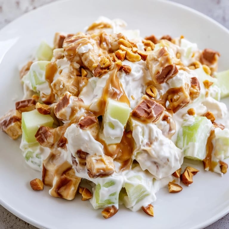 This colorful Snickers Salad showcases chopped Snickers bars and apples, a sweet, cold treat.