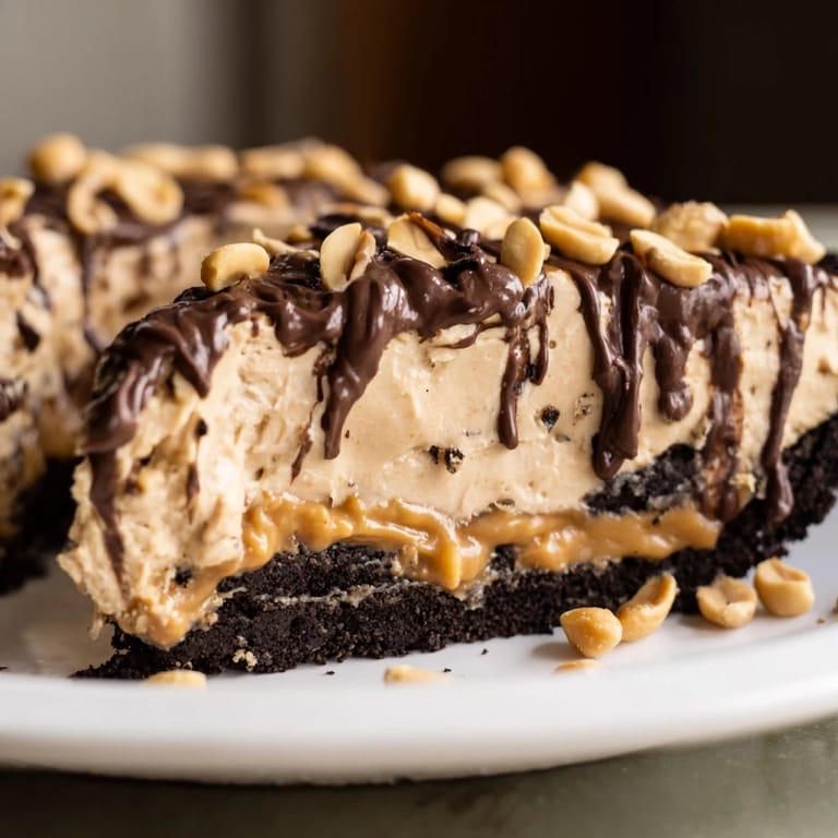 A close-up of a chilled peanut butter pie, topped with a chocolate drizzle and peanuts.