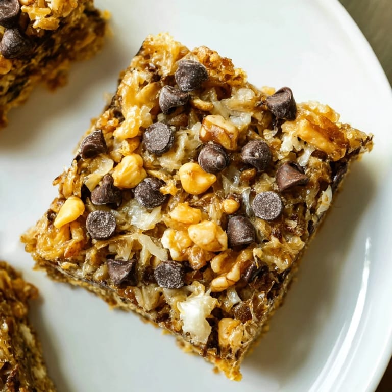 A close-up shot of delicious Hello Dolly Bars, layered with coconut and nuts, ready to eat.