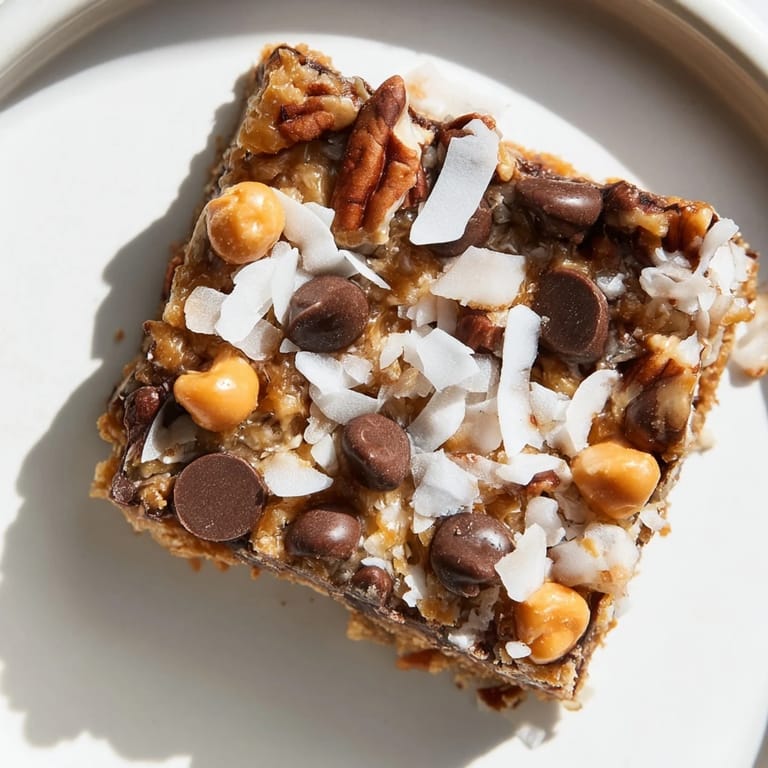 Melted chocolate chips and coconut blanket the top of these inviting Magic Cookie Bars, ready for baking.