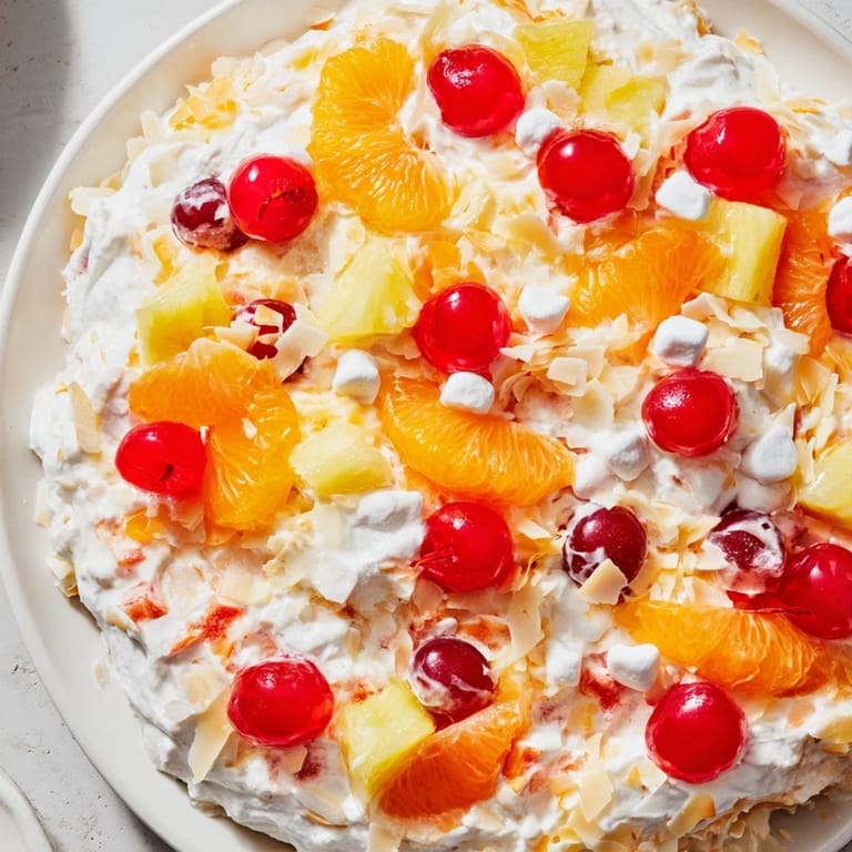 A close-up of creamy Ambrosia Salad showcasing bright mandarin oranges and coconut flakes.