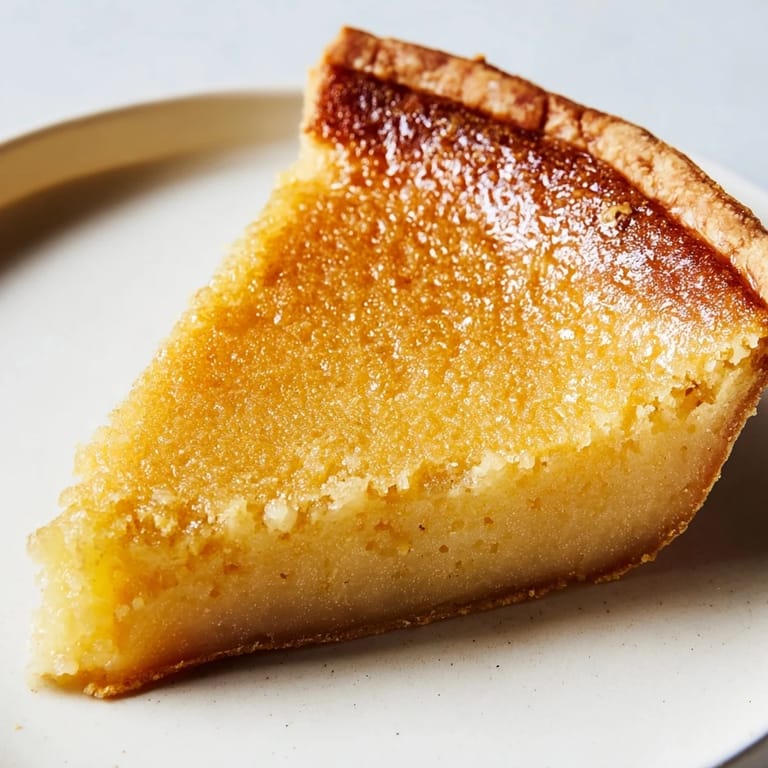 Close-up of a freshly baked chess pie, showing the golden top and creamy, vanilla-infused custard.
