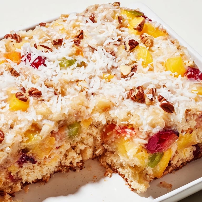 Enjoy this slice of fruit cocktail cake, topped with creamy coconut frosting, a classic dessert.