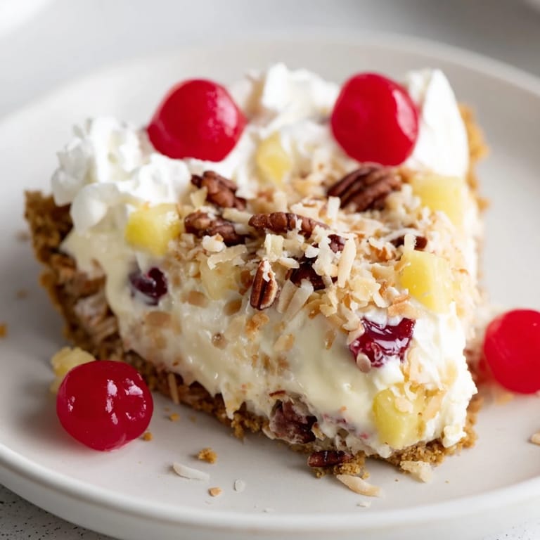 This chilled Millionaire Pie showcases a refreshing graham cracker crust and a sweet filling bursting with flavor.