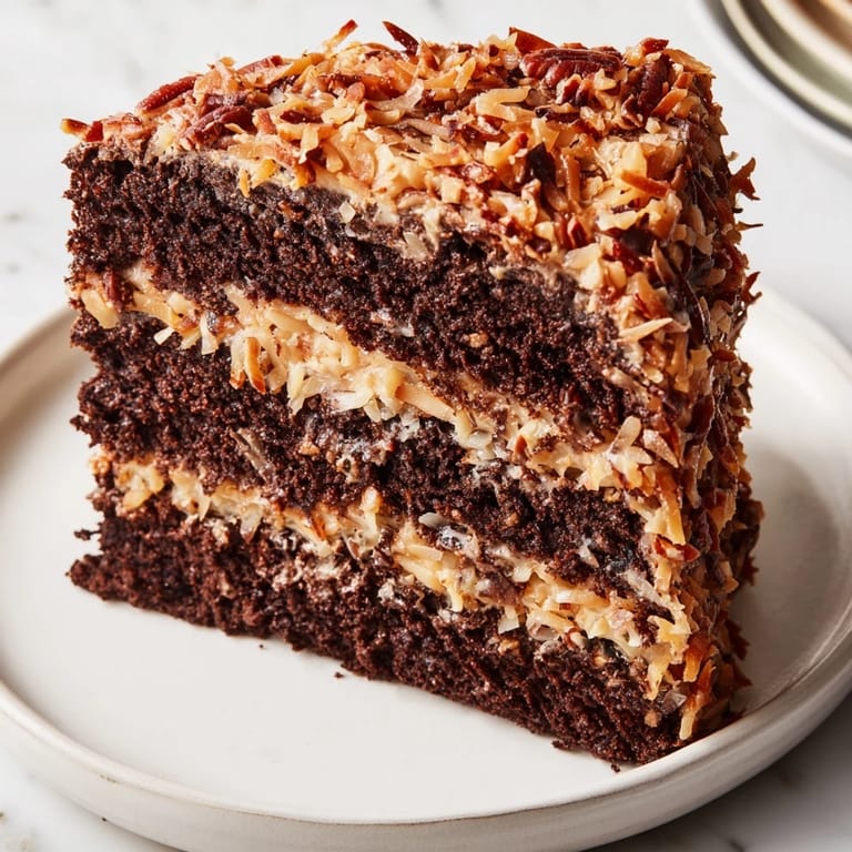Close-up of German Chocolate Cake shows layers of rich cake and the nutty, textured frosting.
