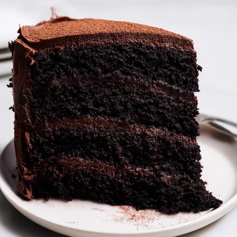 A decadent slice of rich Devil's Food Cake, showcasing the fluffy chocolate buttercream and cocoa layers.