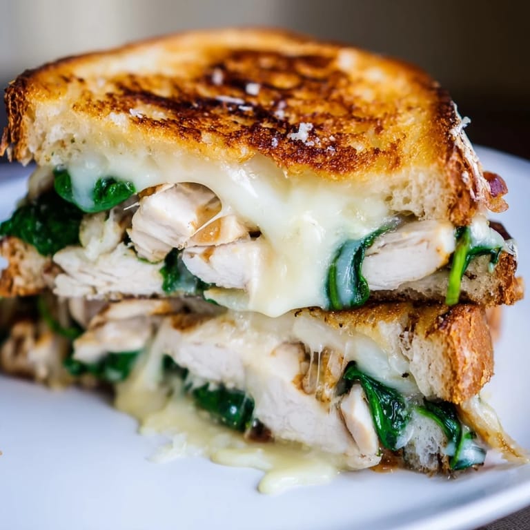 Sliced grilled chicken and melted cheese peek out of this toasted spinach panini, making it an ideal 30-minute weeknight dinner.