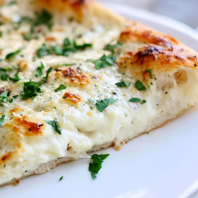 Golden-brown Crusty Creamy Garlic White Pizza sits on a rustic wooden board ready to serve.