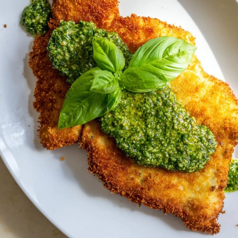 Golden brown Crispy Pesto Chicken Cutlets sizzling in a skillet, coated in savory breadcrumbs, ready to be flipped for a perfectly crisp finish.