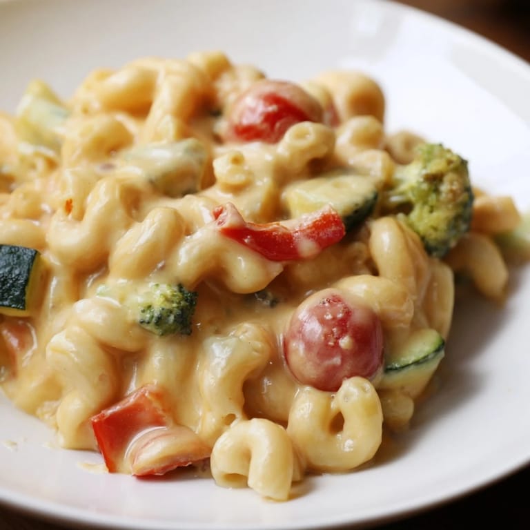 A hearty bowl of roasted veggie mac & cheese, served steaming hot with extra Parmesan and a side salad.