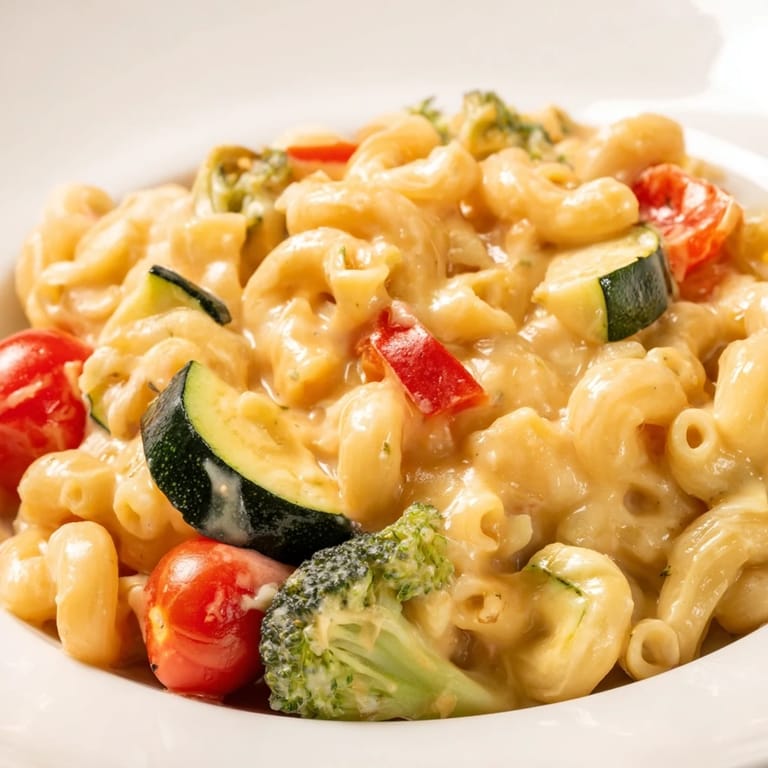 Comforting homemade roasted veggie mac & cheese featuring tender pasta shells tossed in a rich, velvety cheddar sauce.