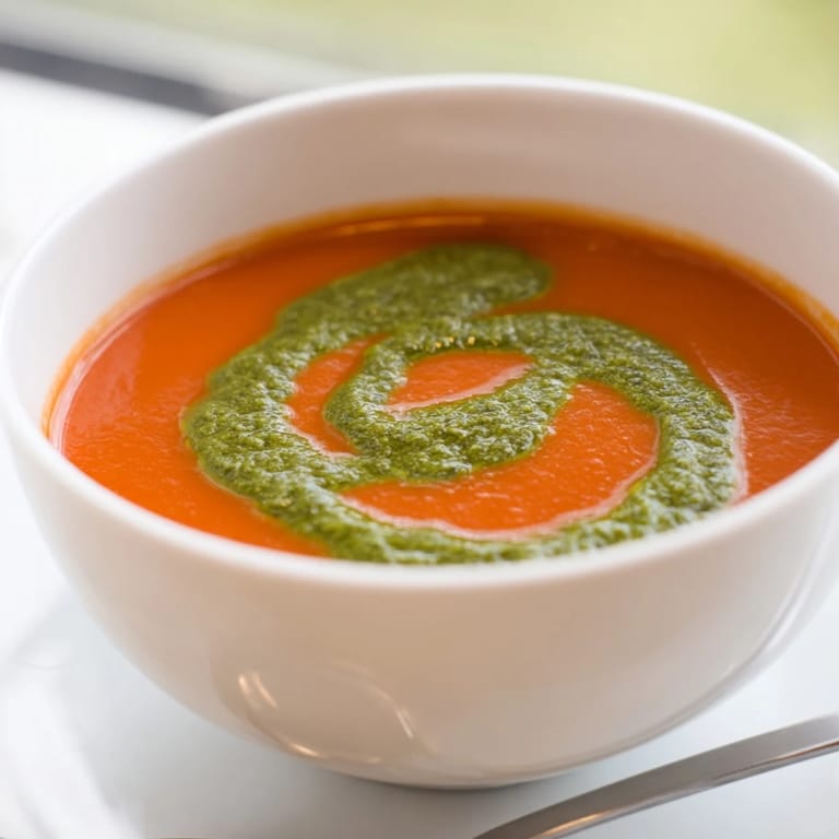 Hearty Tomato Soup with Basil Pesto Swirl beside a grilled cheese sandwich, perfect for a comforting lunch.