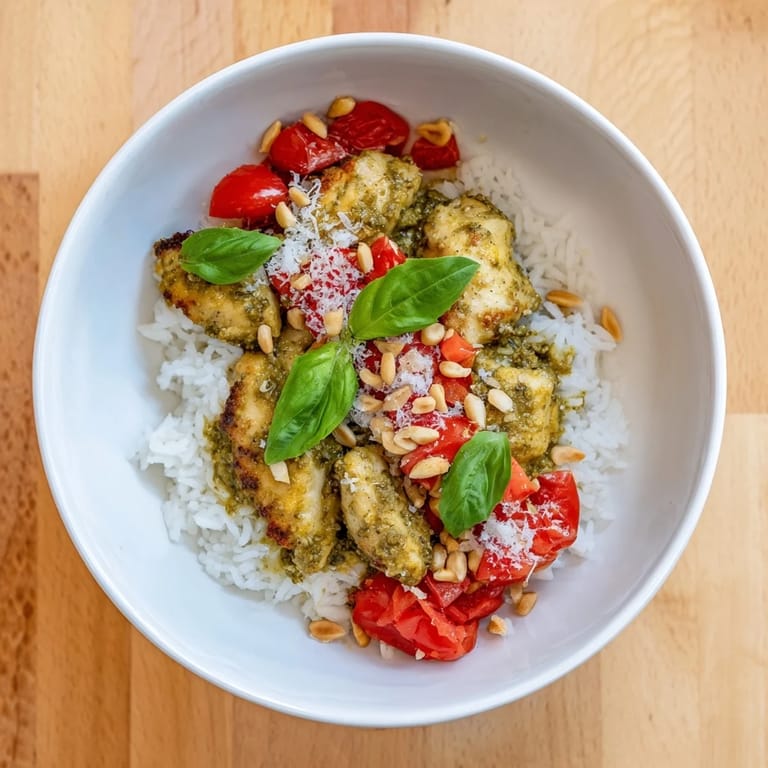 Colorful Chicken Pesto Rice Bowl garnished with fresh basil and Parmesan, ready to serve for dinner.