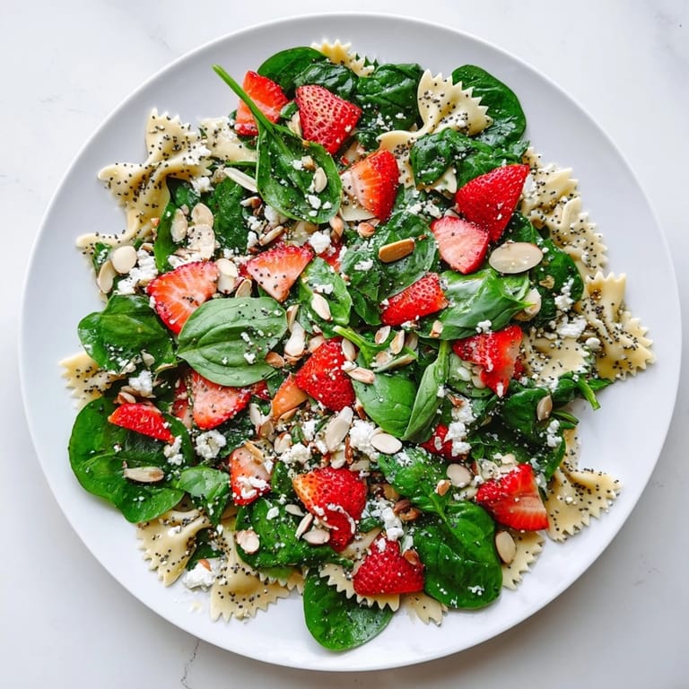 Spring Spinach Strawberry Pasta Salad served on a white plate, featuring vibrant strawberries and baby spinach mixed with farfalle pasta, drizzled with a sweet poppy seed vinaigrette.