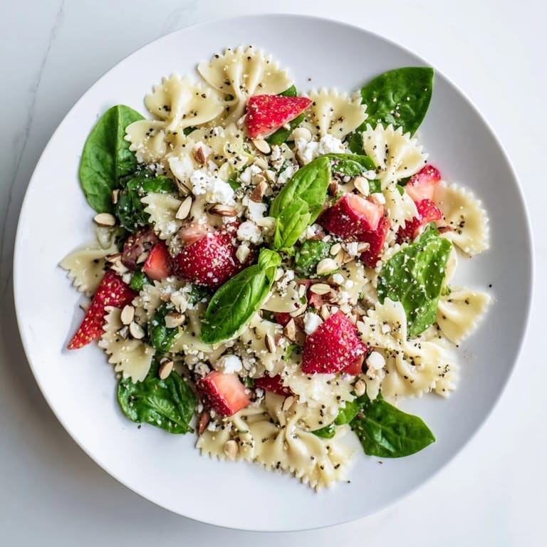Close-up of Spring Spinach Strawberry Pasta Salad, showing tender bow-tie pasta, juicy strawberries, fresh spinach, and crumbled feta cheese, perfect for a light summer lunch.
