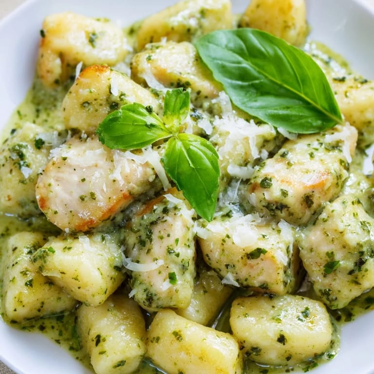 Served on a white plate, Creamy Pesto Gnocchi with Chicken highlights juicy chicken and glossy, herb-flecked pesto sauce.