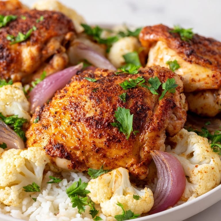 Tender chicken thighs and crispy cauliflower florets seasoned with smoked paprika on a single sheet pan.  