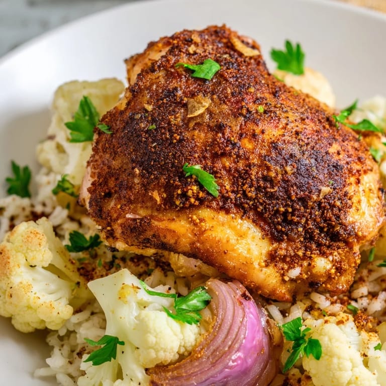 A colorful plated serving of roasted cauliflower chicken sheet pan over basmati rice with lemon.
