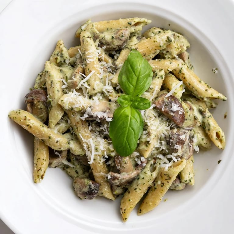 Freshly cooked penne pasta rests in a skillet with tender mushrooms and rich pesto cream sauce, ready to be served as a quick and sophisticated Italian meal.  