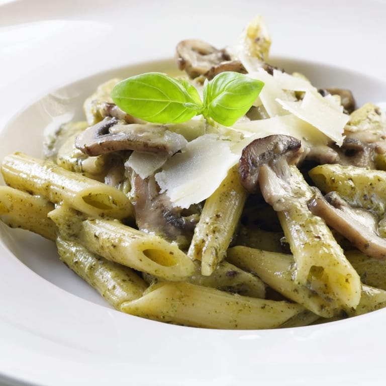 A close-up of a vibrant bowl of mushroom pesto pasta, featuring sliced cremini mushrooms, grated Parmesan, and a luscious green basil sauce perfect for weeknight dining.