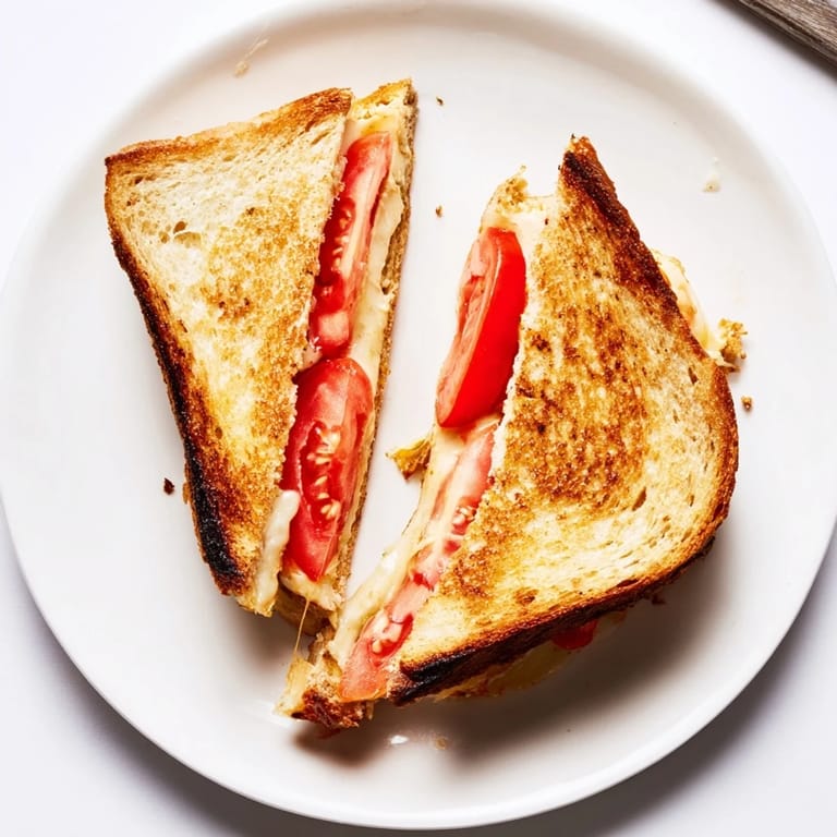 Pepper Jack & Tomato Grilled Cheese rests on a cutting board, halved to display gooey cheese, red tomato, and crispy, buttery edges.
