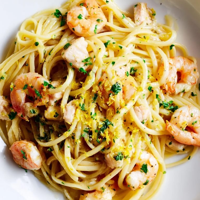 Close-up view of Lemon Garlic Shrimp & Chicken Pasta, featuring sautéed shrimp and chicken tossed in a zesty, buttery sauce with a squeeze of fresh lemon.