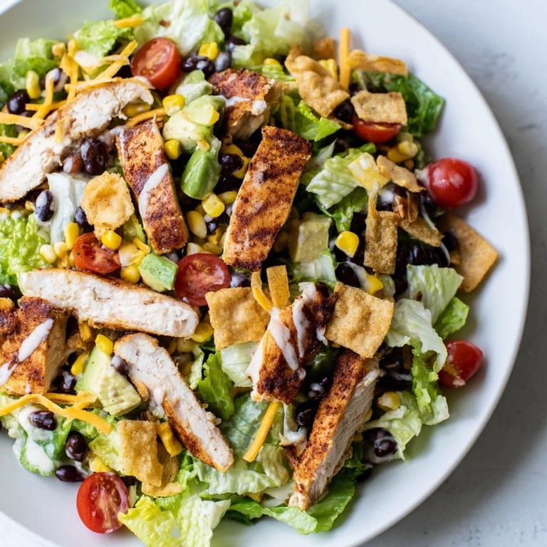 Delicious Crunchy Taco Chicken Salad featuring creamy avocado, black beans, and a drizzle of zesty lime dressing.