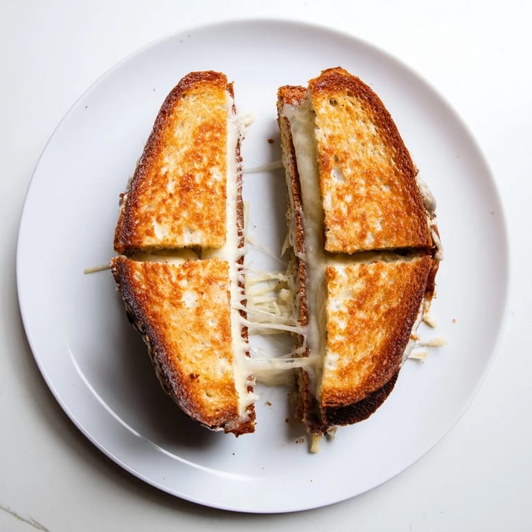 A close-up view of a Triple Cheese Sourdough Grilled Cheese sandwich, revealing gooey provolone and sharp cheddar fillings.  