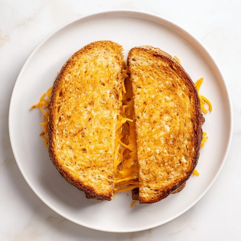 Served on a rustic cutting board, a Triple Cheese Sourdough Grilled Cheese is paired with a steaming bowl of tomato soup.