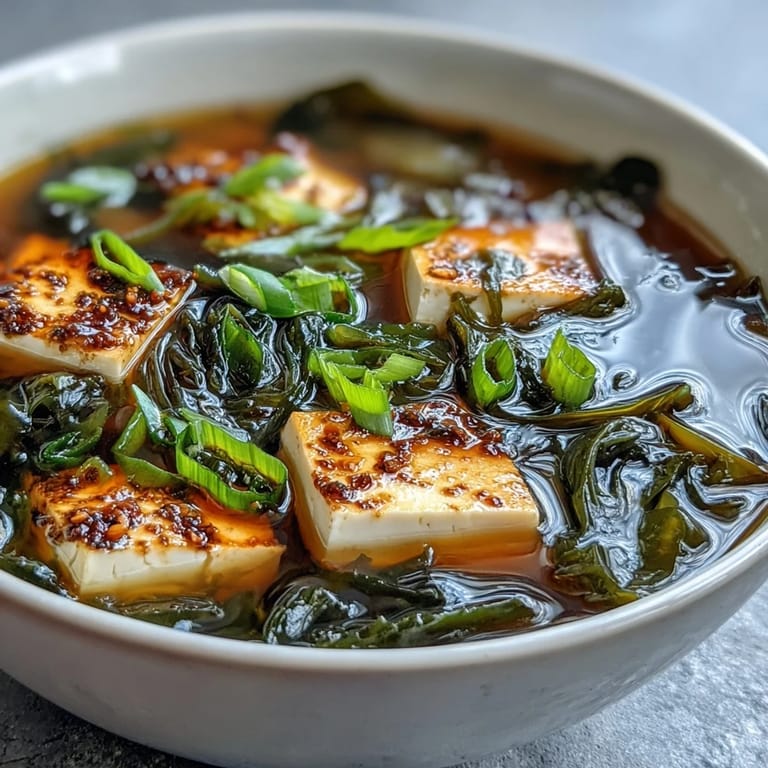 A close-up of silky tofu and tender seaweed swimming in golden dashi broth, showcasing this easy homemade miso soup.