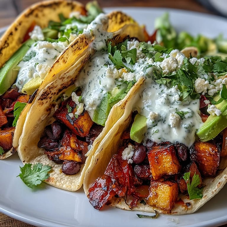 Golden-brown sweet potato cubes and hearty black beans piled high in charred corn tortillas, garnished with red cabbage and fresh cilantro.